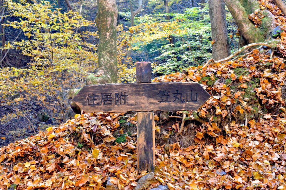 紅葉満喫の山登りコース：笠丸山標識